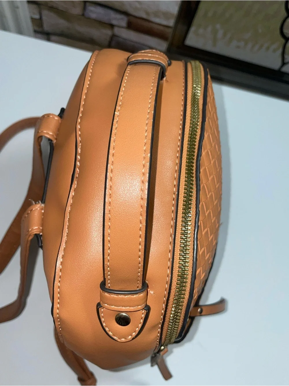Woven Leather-Style Backpack - Brown Vegan leather